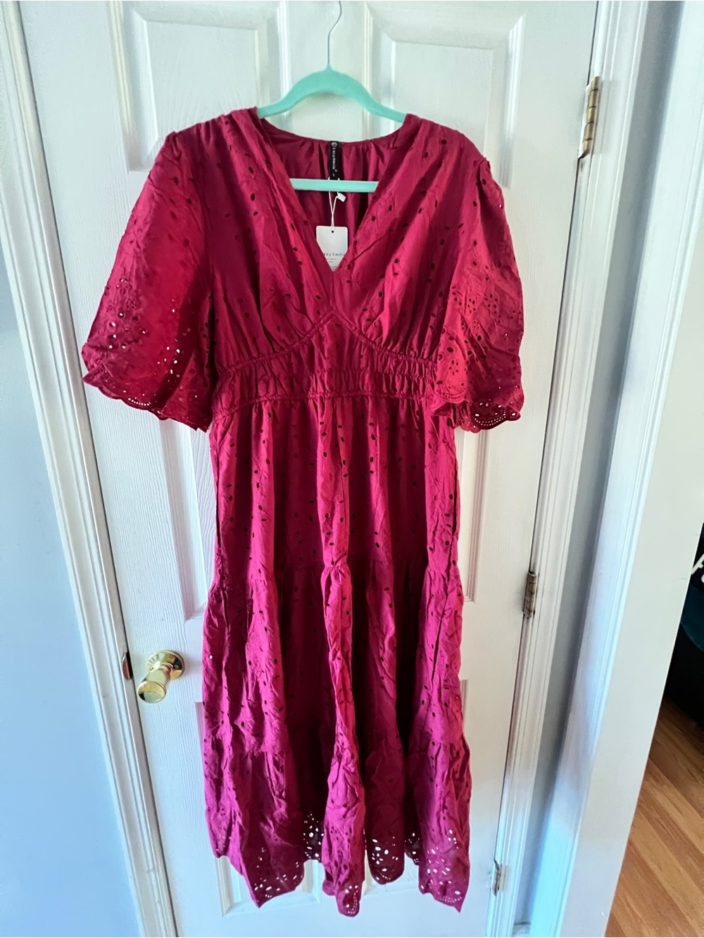 Women’s Eyelet Midi Dress in Deep Pink